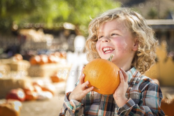 Cute young boy having fun at the pumpkin patch on a sunny fall day