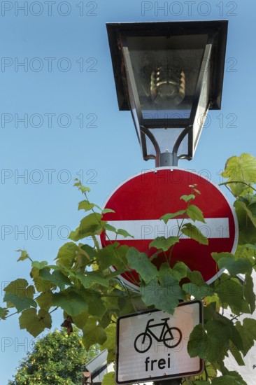 Street lamp and traffic sign, no entry, free for bicycles, Isny, Swabia, Baden-WÃ¼rttemberg,