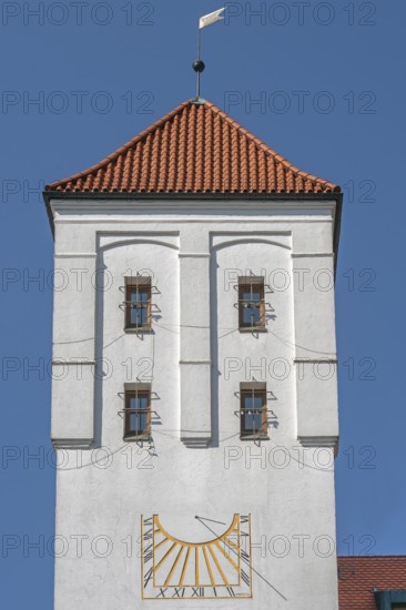 The Waisentor with tiled roof and sundial, Kempten, AllgÃ¤u, Bavaria, Germany