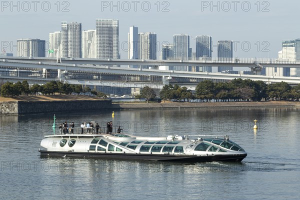 Futuristic Tokyo Cruise Water Bus Queen Emeraldas, excursion boat for harbour cruises in Tokyo Bay,