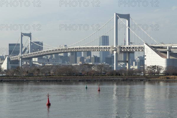 Landmark, Architecture, View of the Rainbow Brigde over Tokyo Bay, Odaiba, Minato City, Tokyo,