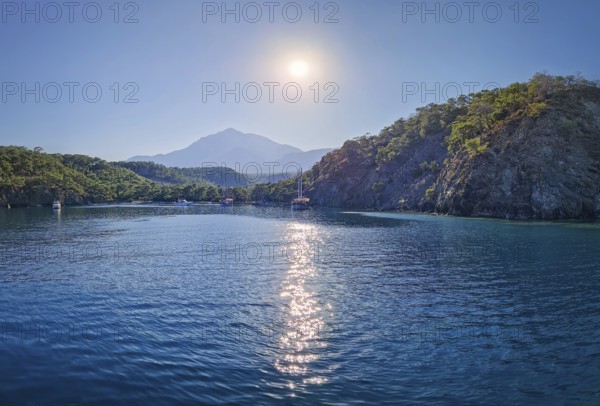 Wonderful Paradise bay of Camyuva, Kemer, Turkey. Scenery sea view to the coast with boats on the