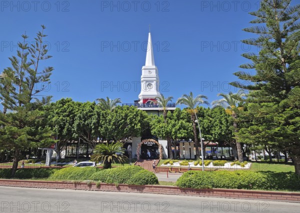 KEMER, TURKEY - JULY 5, 2025 Kemer Saat Kulesi today Cafe Mokka in the city centrum, with view from
