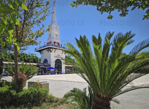 KEMER, TURKEY - JULY 5, 2025 Beautiful view to Kemer Saat Kulesi today Cafe Mokka in the city