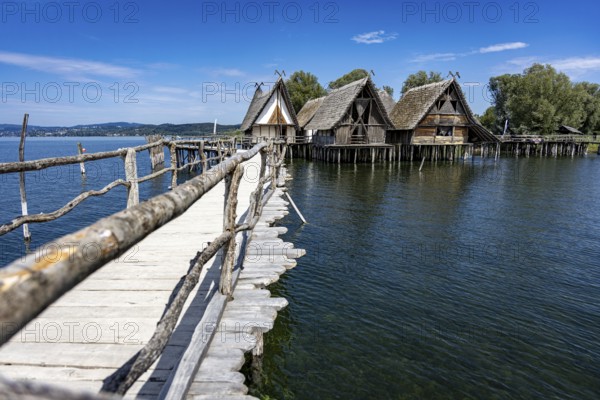 Wooden walkway leads to traditional stilt houses surrounded by calm water, pile dwellings