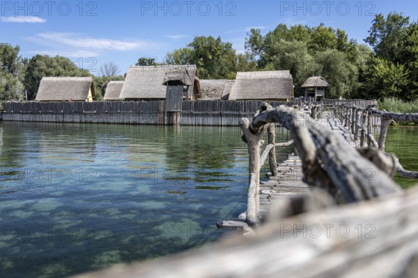 Wooden bridge stretches towards thatched buildings in the middle of idyllic nature, pile dwellings