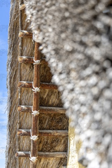 Close-up of a thatched roof with rope connections against a blue sky, pile dwellings at