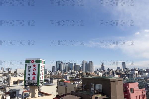 Modern architecture, view over the rooftops of the city to the glass facades of skyscrapers against
