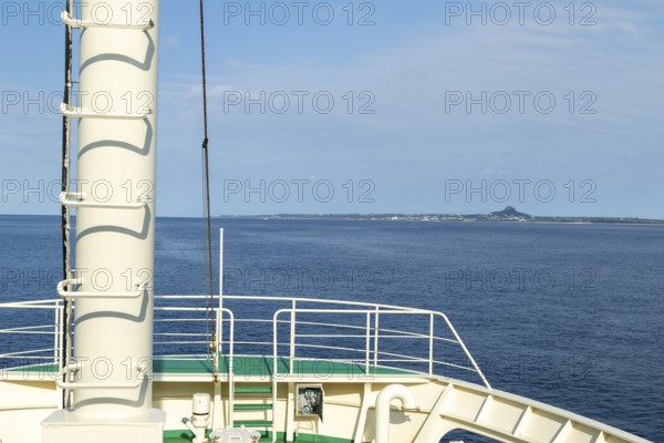 Deck of the Marix Line ferry Queen Coral Plus with a view of Ie Island, Motobu, Kunigami District,