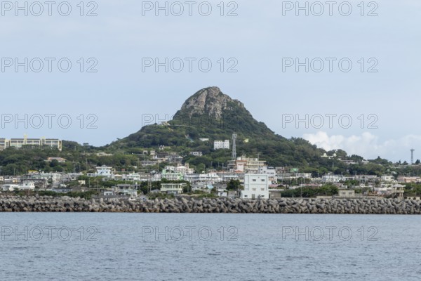 View of the harbour and Mount Gusuku on Ie-jima, Ie Island, Motobu, Kunigami District, Okinawa,