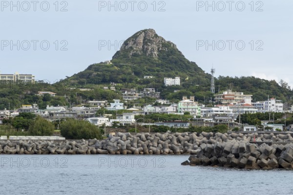 View of the harbour and Mount Gusuku on Ie-jima, Ie Island, Motobu, Kunigami District, Okinawa,