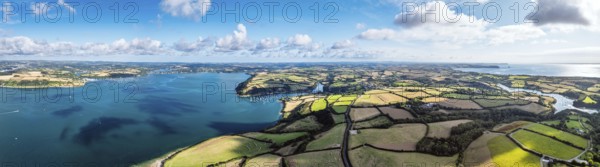 Panorama of Farms and Fields over St Mawes from drone, Carrick Roads, River Fal, Falmouth,
