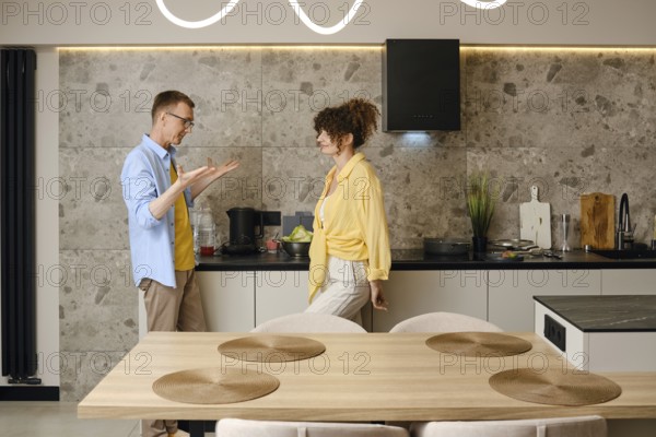The husband explains his ideas to the young wife actively gesturing his hands during a conversation