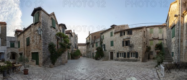 Trg Skor, Skor Square, stone houses in the old town centre, panoramic view, Starigrad, island of
