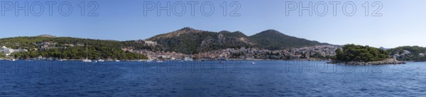 View from the sea to the harbour and the town of Hvar, panoramic view, island of Hvar, Dalmatia,