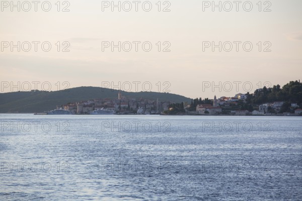 View from the sea to the old town centre of Korcula in the morning light, Korcula, Dalmatia,