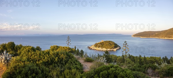 View from the island Vis to an offshore island, bay of the town Vis, panoramic view, island Vis,