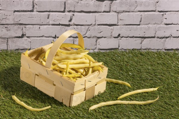 Wooden basket with yellow beans on grass in front of a brick wall