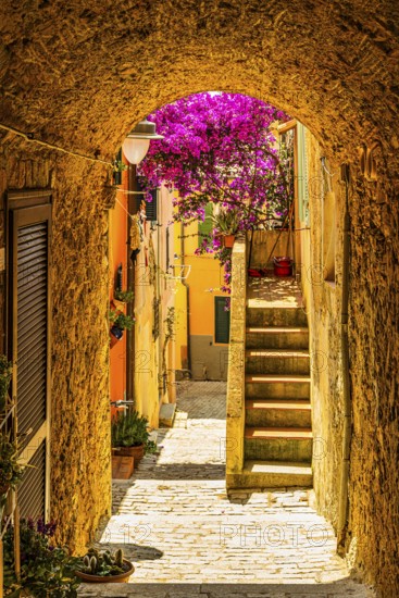 Narrow passageway on Via Roma, Capoliveri, Elba Island, Tuscan Archipelago National Park, Tuscany,