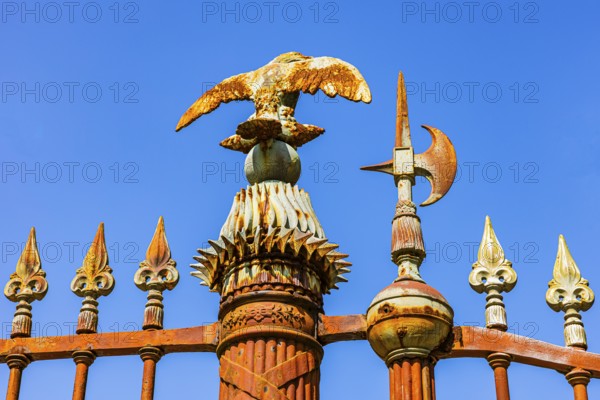 Iron eagle and spears at the entrance gate of Napoleon Bonaparte's summer residence, San Martino,