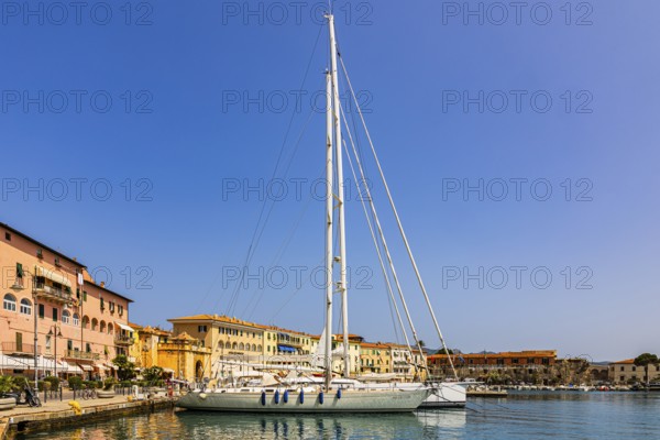 Sailing yachts anchored in the harbour of Portoferraio, Elba Island, Tuscan Archipelago National