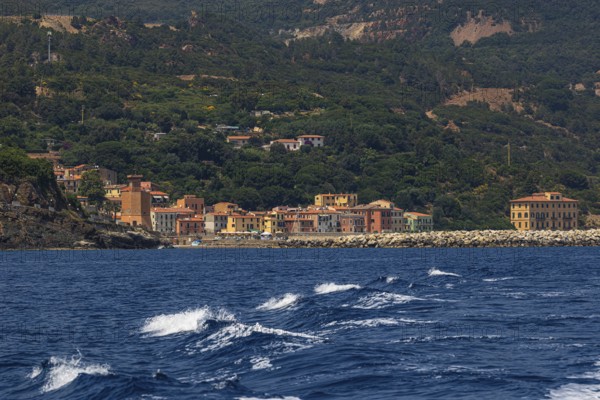 The village of Rio Marina with its pastel-coloured house facades, Elba Island, Tuscan Archipelago