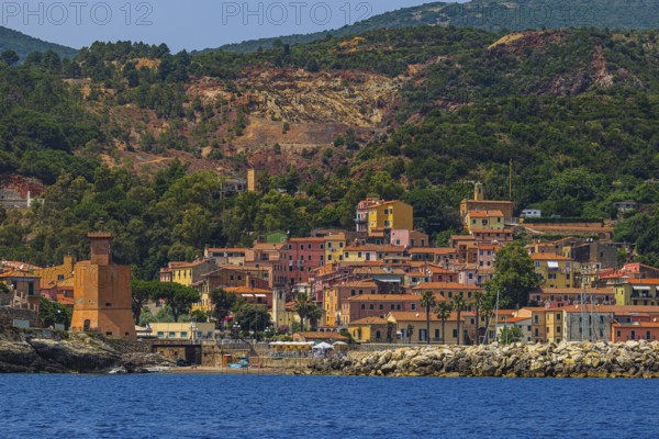 The village of Rio Marina with its pastel-coloured house facades, Elba Island, Tuscan Archipelago