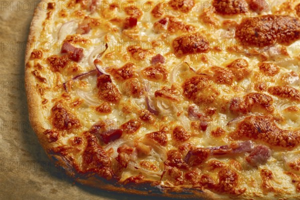 Tart flambe, open pie, rectangular pizza, with cheese and red onion, bacon slices, Alsatian dish,