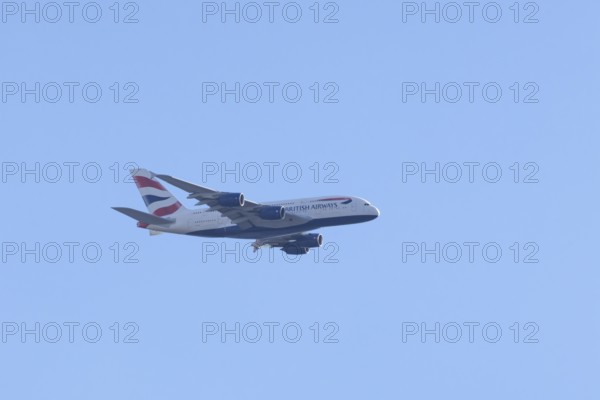 Airbus A380 jet passenger aircraft of British Airways airlines in flight, London, England, United