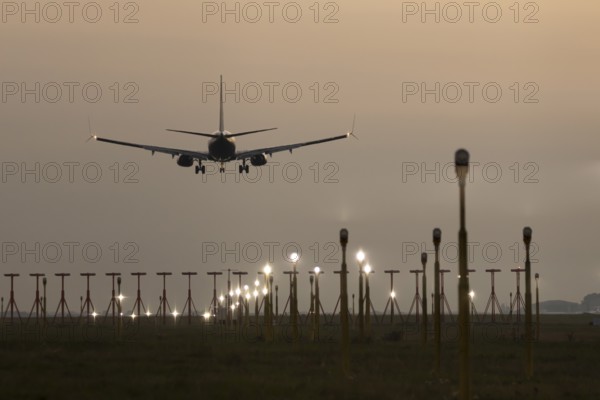 Boeing 737 jet passenger aircraft of Ryanair airlines in flight landing at sunset at London