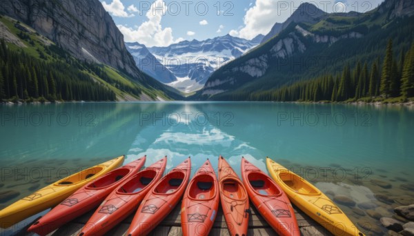 Vibrant image of kayaks lined up on a wooden dock, set against a backdrop of a turquoise lake and
