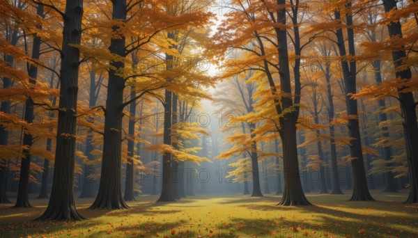 A picturesque autumn forest scene bathed in warm sunlight, with vibrant orange and yellow foliage