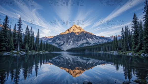 A stunning mountain range reflected in a calm lake, surrounded by lush green trees and under a