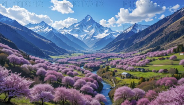 A vibrant landscape features snow-capped mountains, a winding river, and a valley filled with