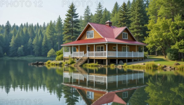A picturesque lakeside cabin with a red roof is reflected in the calm water, surrounded by lush