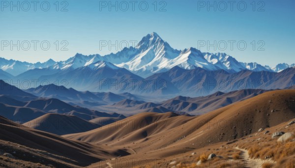 Majestic mountain range with snow-capped peaks, layered with rolling hills in shades of brown and