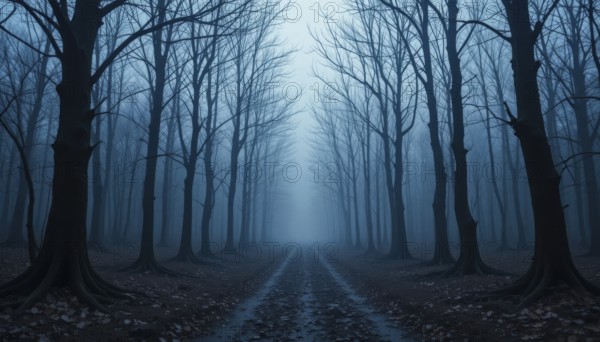 A mysterious, eerie forest road disappears into a foggy, atmospheric scene with tall, bare trees.
