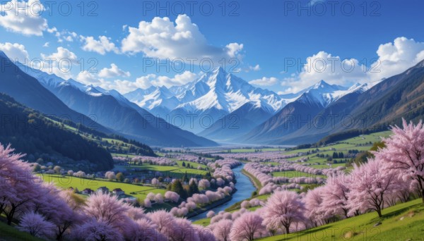 A stunning valley vista unfolds under a brilliant blue sky, showcasing snow-capped mountains and