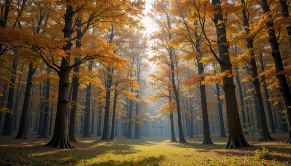 A stunning autumn forest scene, with tall trees ablaze in vibrant orange and yellow hues,