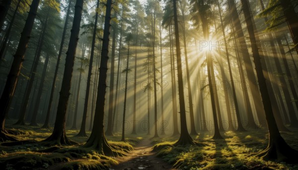 A beautiful forest scene with tall trees and sunlight streaming through the canopy. A serene and