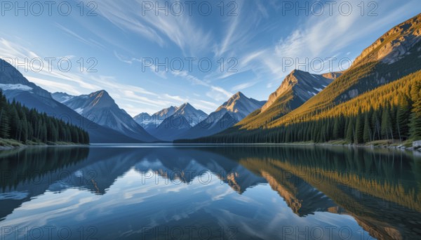 A serene landscape of mountains and a lake mirroring the sky's reflection. The image captures the