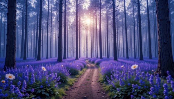 A serene forest scene featuring a path winding through vibrant lavender fields, bathed in a soft,