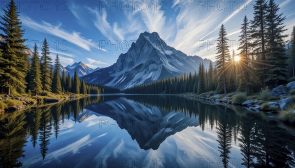 A serene mountain lake reflects the stunning peaks and vibrant sky, framed by lush evergreen trees,