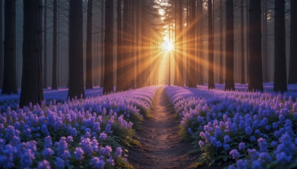 A sunlit path winds through a forest of tall trees, surrounded by vibrant purple flowers, creating