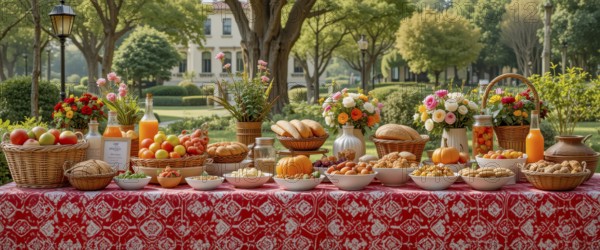 A lavish outdoor picnic spread, laden with fruits, breads, pastries, and juices, is arranged on a