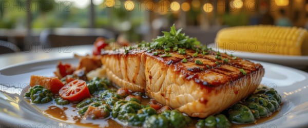 A delicious plate of grilled salmon with a side of vegetables and corn, a perfect dinner, AI