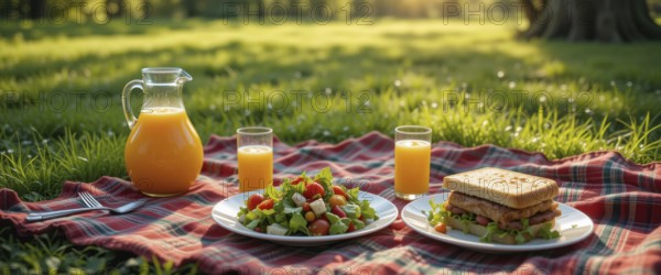 A delightful picnic scene in a sunny park, featuring a plaid blanket spread with food and drinks