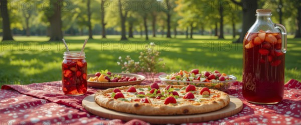 A picturesque picnic scene set in a park, featuring pizza, fruit-infused drinks, and a vibrant