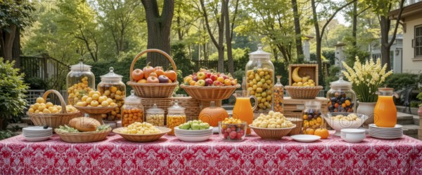 A beautifully arranged outdoor buffet table laden with various fruits, juices, and snacks, perfect
