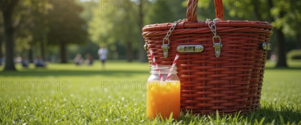 A refreshing picnic scene in a sunny park, featuring a basket, juice, and lush green grass, AI
